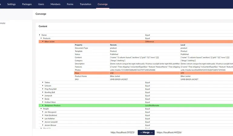 Example of the differences between two instances of Umbraco.