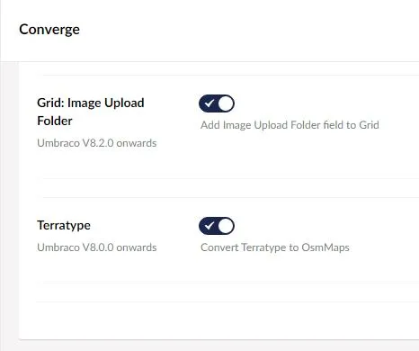 Screenshot of the Converge settings in the Umbraco back office.