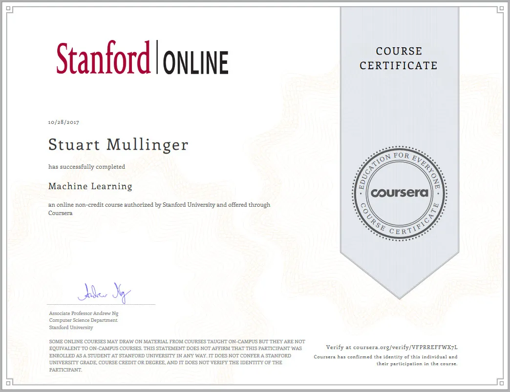 Stanford Machine Learning certificate