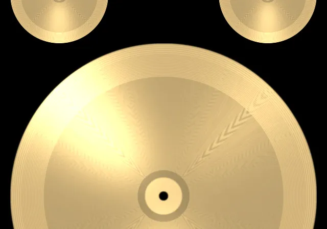 Close-up screenshot of the app, a top-down view of three cymbals