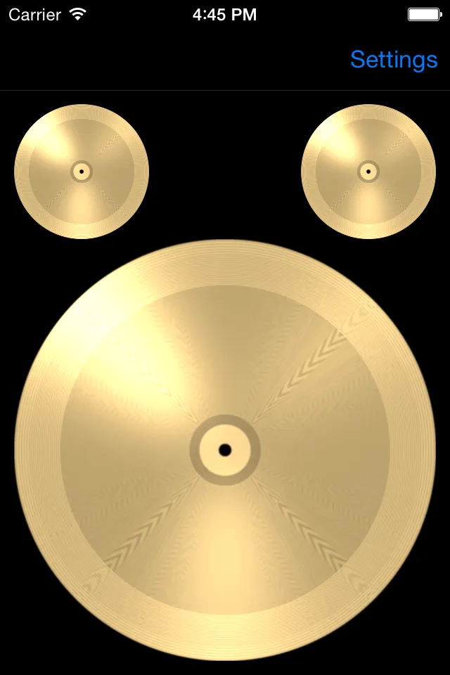 Full screenshot of the app, a top-down view of three cymbals