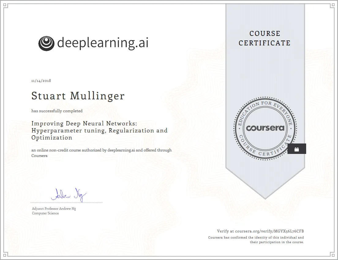 Improving Deep Neural Networks certificate