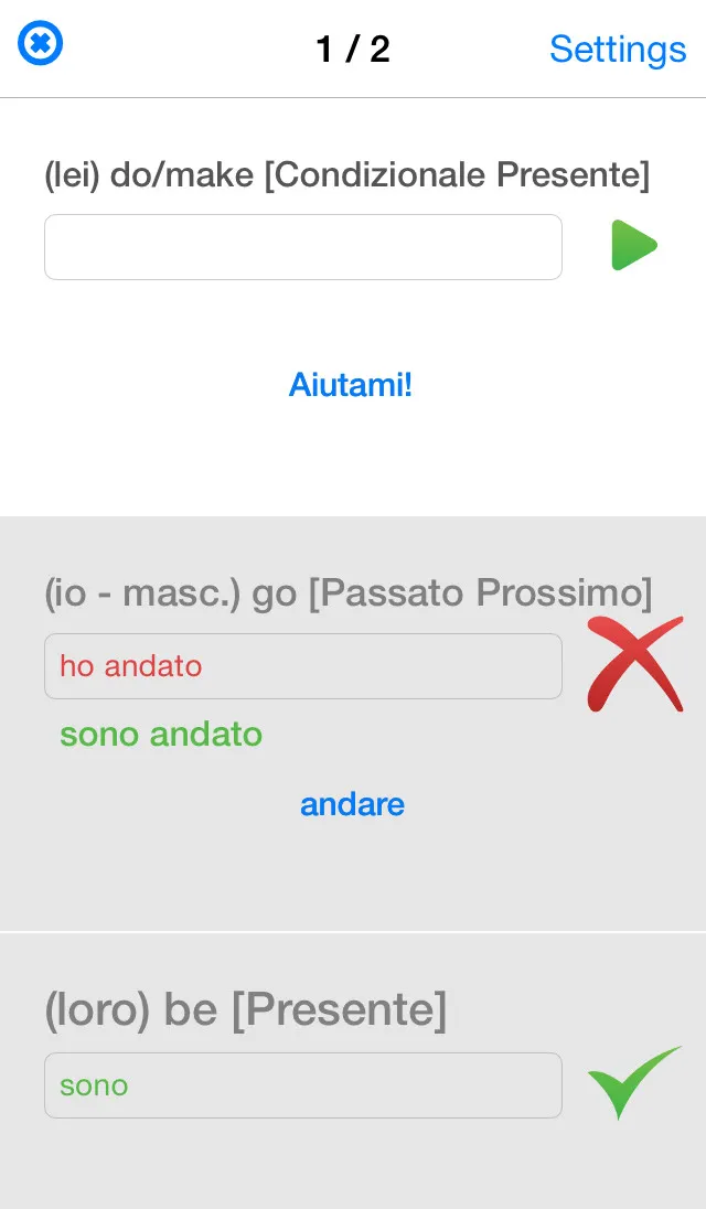iOS screenshot of Italian Verb Test