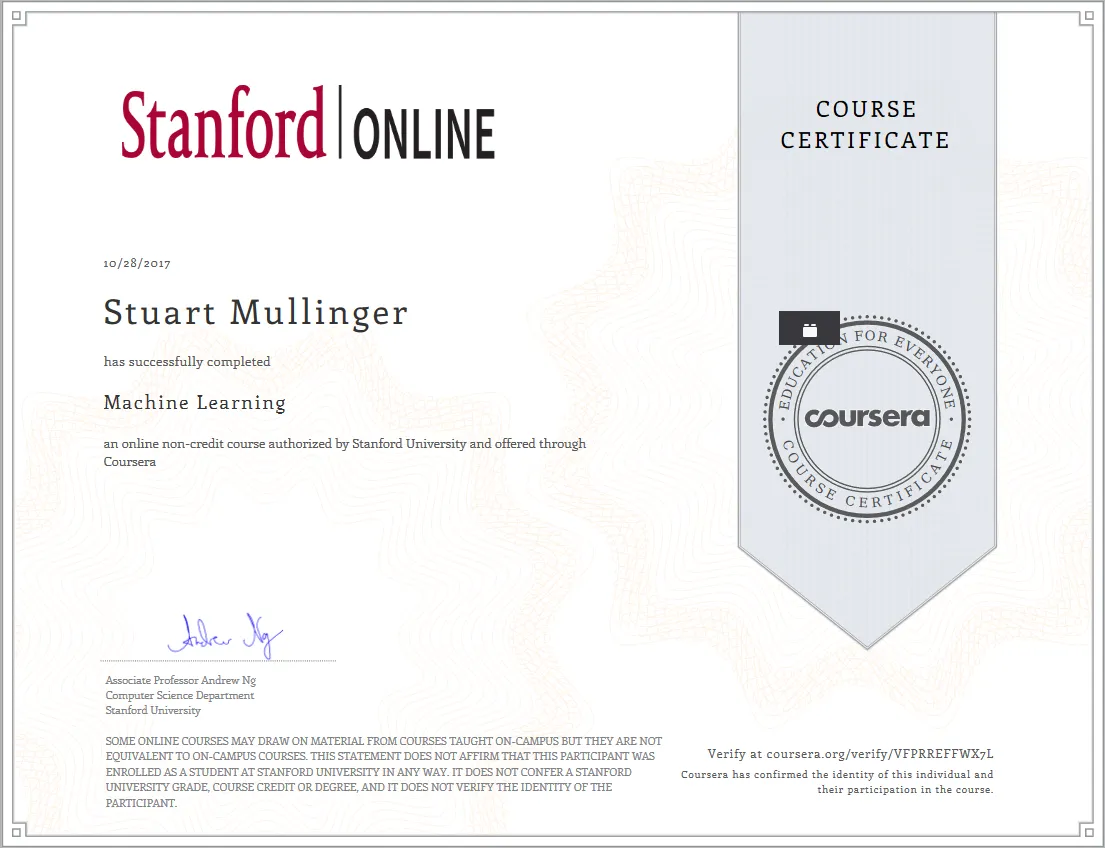 Machine Learning certificate