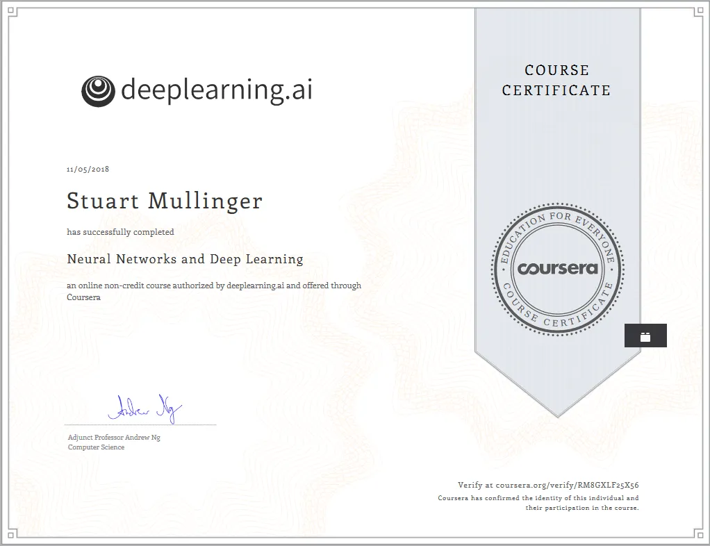 Neural Networks and Deep Learning certificate