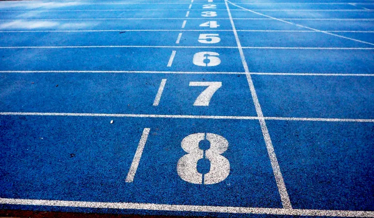 Athletics track lane numbers, with lanes 7 and 8 in the foreground