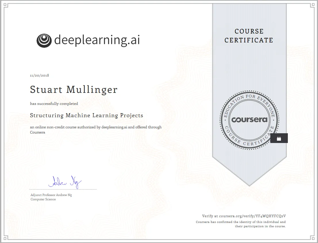 Structuring Machine Learning Projects certificate