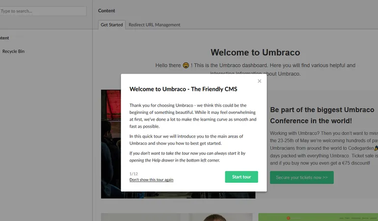 Umbraco back office Welcome screen